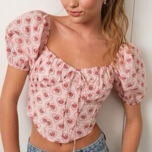 Pretty Garden Valentine’s Heart Floral Pink Cropped Puff Sleeve Milkmaid Top M